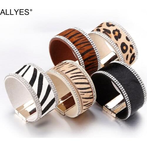 ALLYES Animal fur Leather Bracelets for Women Leopard Zebra Stripe Rhinestone Wide Wrap Bracelet Autumn Winter Jewelry