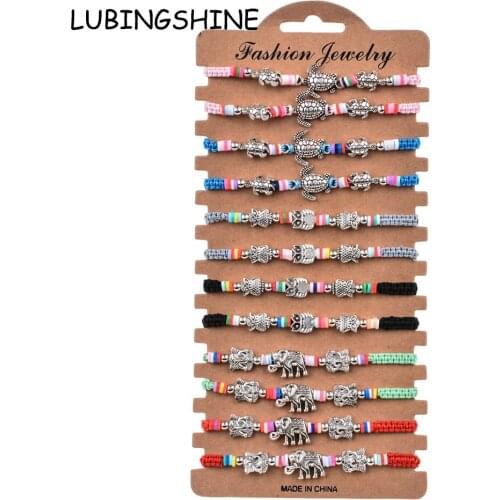 Bohemian 12pcs/lot Owl Turtle Elephant Charms Braided Bracelet for Women Animal Adjustable Rope Chain Yoga Anklet Jewelry