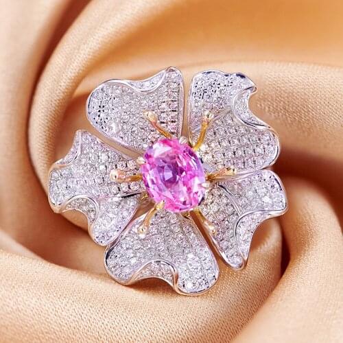 Pink Austrian Crystal Zircon Diamonds Gemstones Flowers Rings for Women 18k White Gold Silver Color Fine Party Jewelry Bijoux