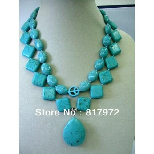 Woman 2 rows necklace light blue oval rhombus peace bead mixed necklace water drop bead pendant
