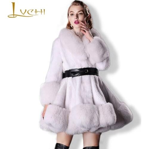LVCHI Women knitted Real Fur Coat Leather Lantern Sleeve Full Pelt Mink Fur With Fox Fur Collar V-Neck Women Warm Mink OL Coat