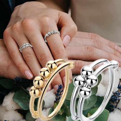 2 Pcs Creative Couple Decompression Accessories Ring Geometric Beaded Bracelet Mens And Womens Rings