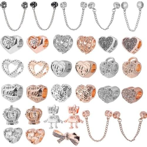 2Pcs/Lot Rose Gold Little Bella Heart Safety Chain Beads Fit European Brand Charm Bracelet Necklace For Women DIY Jewelry Making