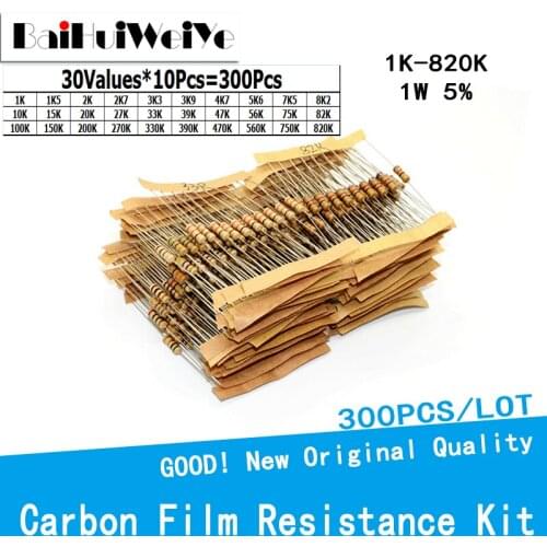 300PCS/LOTE 1W 5% Carbon Film Resistanc Kit 30Values*10Pcs 1K To 820K ohm Resistanc Set 10K 15K 20K 27K 33K 39K 47K 56K 75K 82K