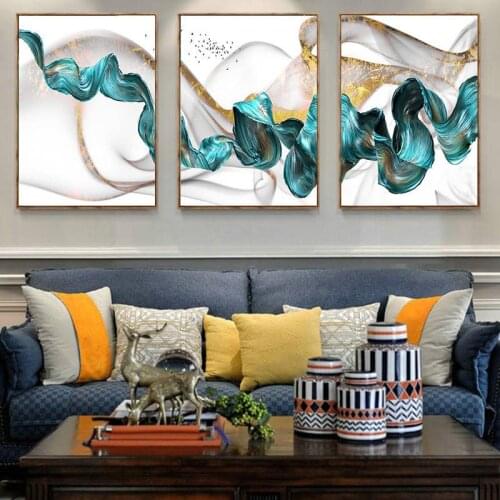 Abstract Golden Picture Home Painting Blue Art Nordic Painting Canvas Decor Wall Luxury Ribbon for Living Print and Poster Room