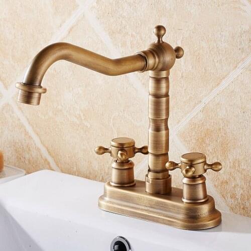Antique Brass 4" Centerset Bathroom Two Holes Basin Faucet Sink Mixer Tap Swivel Spout Double Cross Handles mnf426