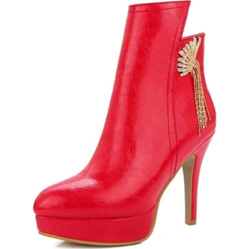 Big Size 11 12 13 14 15 Metal decorative side zipper short-barrel fashion boots with pointed thin heel waterproof platform