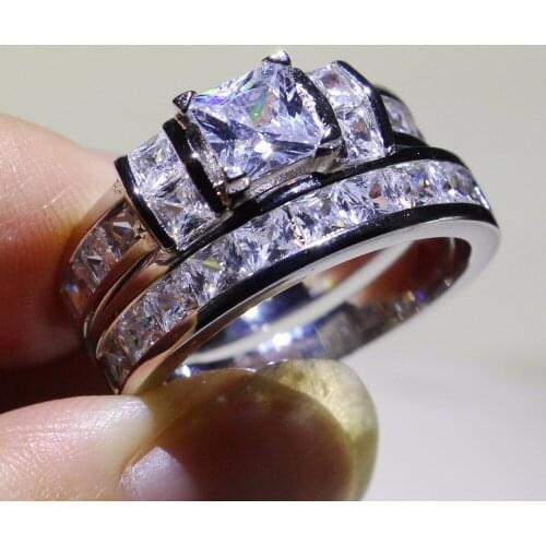 Couple Rings Sparkling Luxury Jewelry 925 Sterling Silver Princess Cut 5A Zirconia Promise Party Women Wedding Bridal Ring Set