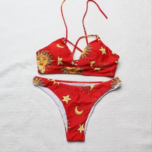 Star Sun Moon Printed Lace Up Bikini Set Spaghetti Straps Swim Suit Women Summer Bathing Suit High Cut Padded Swimwear#g3