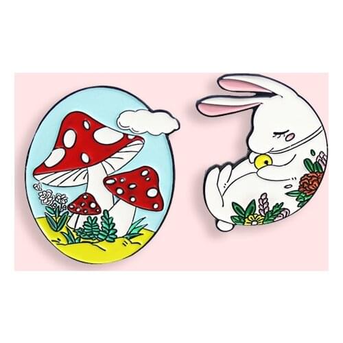 Creative Cartoon Sleeping Pattern Rabbit Metal Enamel Brooch Cute Round Mushroom Badge Fashion Lapel Backpack Jewelry Gift
