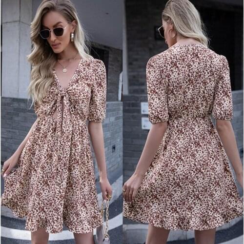 Leosoxs 2021 New Sumemr Sexy V Neck Half Sleeve Boho Womens Dress Fashion Casual Bohemia Print Empire Hollow Out Ladies Dresses