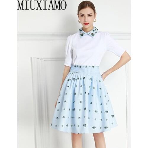 MIUXIMAO 2021 Spring Summer Turn-down Collar Flower Print Half Sleeve Diamonds Top Mini Skirt Suit Women 2 Peice Sets Vestidos