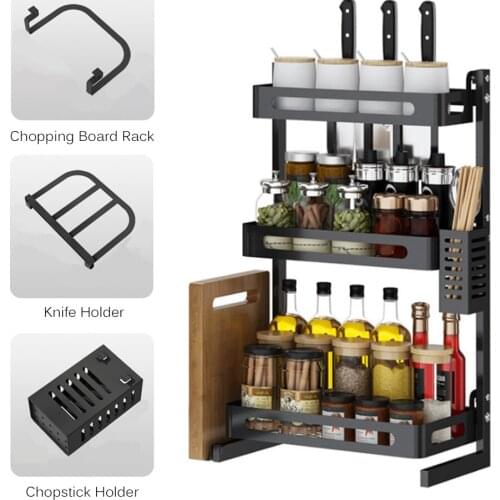 Multifunction 3-Tier Spice Rack Holder Freestanding Shelf Organizer for Jars Bottles Cutlery Chopping Board Kitchen Accessories