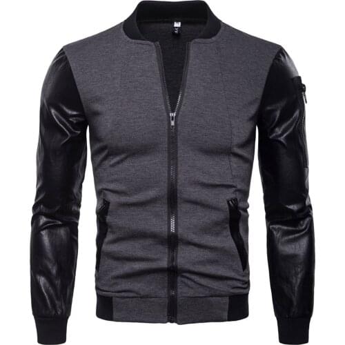 Mens Zipper Leather Sleeve Patchwork British Stand Collar Jacket Slim England Style Pockets Autumn And Winter Keep Warm Coat