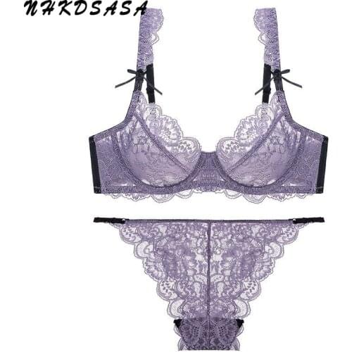 2020 New Hot Sale Lingerie Set Sexy Women Lace Bra and Panties Super Thin Garter Push Up Big Size Transparent Underwear 85E 95D