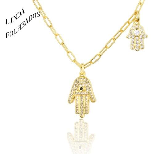 New Design Fashion Link Chain Golden Palm Size Tags Necklace Zircon The Hand Of Fatima Combination Pendant Jewelry Party Gift