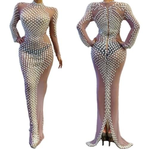 Luxury Pearls Mesh See Through Evening Long Dress Female Bodycon Party Celebration Perspective Dress Women Singer Stage Clothing