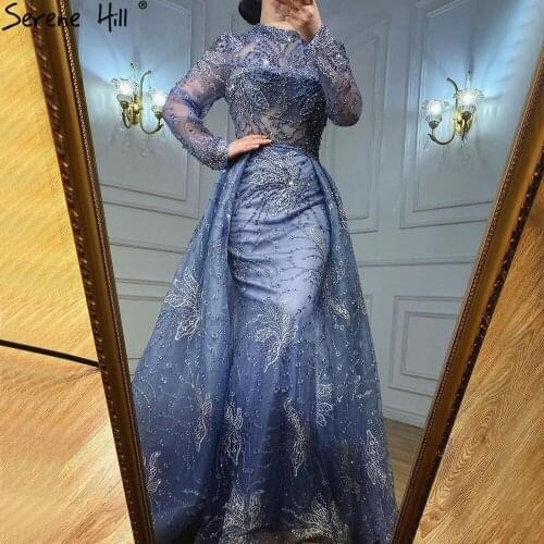 Serene Hill Greyish Purple Beaded Mermaid With Train Evening Gown 2021 Modest For Muslim Women Formal Party Dress CLA70582