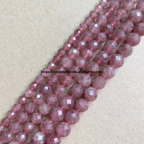 2lots more 10% off ! Semi-precious Stone Diamond Cuts Faceted AA Quality Strawberry Quartz 7" Round Loose Beads 6 8 10 mm