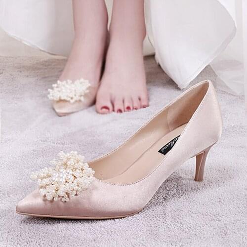 Wedding Shoes Girl 2019 New Champagne-colored hand-made beaded pointed heels fine-heeled bridesmaid wedding dress wedding shoes