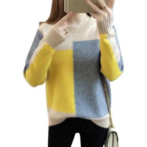 Women Sweater Plus size Autumn Winter Color Block Jumpers Long Sleeve Loose O Neck Warm Pullover Sweater свитера женские 2021