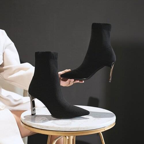 LazySeal 7cm Sock Boots Women Fashion 2020 Metal Heel Shoes Sexy Ankle Booties Black Thin Heels Shoes Woman Ladies Party Boot