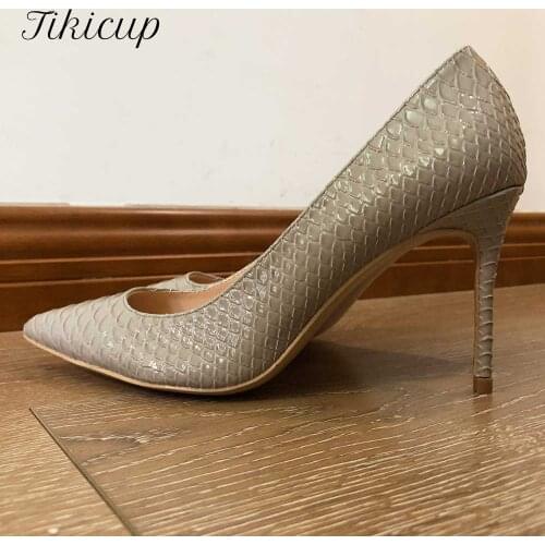 Tikicup Nude Beige Women Crocodile-Effect Pointy Toe Stiletto Pumps Sexy Ladies Party Dress Shoes Wild High Heels 8cm 10cm 12cm