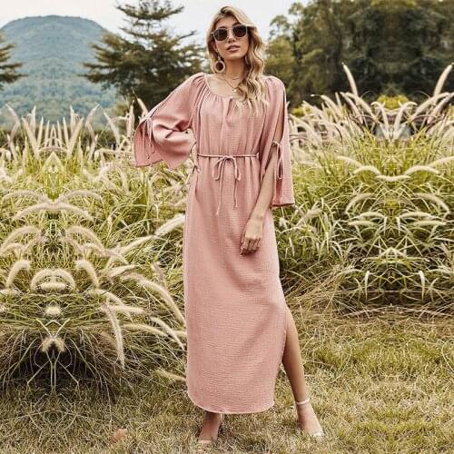 2021 Spring High Waist Bandage Dress Women Long Solid Color Split Full Sleeve Elegant Dress Ladies Casual Summer Dress