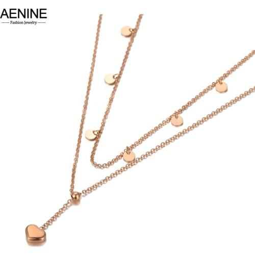 AENINE Original Design Double Layer Heart Charm Pendant Necklaces For Women Fashion Stainless Steel Choker Necklace AN20155