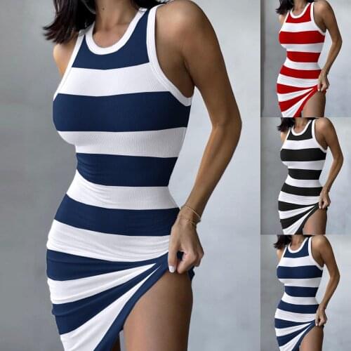 Womens Summer Dress Casual Slim Slimming Round Neck Sleeveless Simple Striped Print Vest Dress Hot Sell Dress