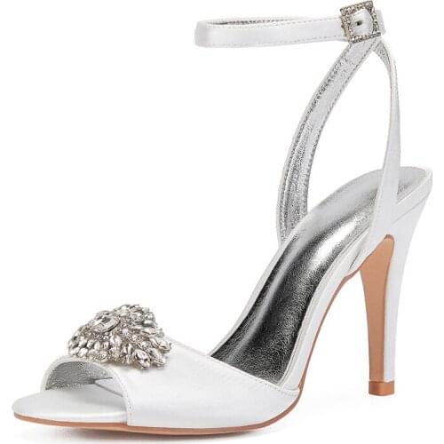 High Heels Crystals Wedding Bridal Sandals Open Toe Ankle Buckle Strap Heeled Satin Prom Evening Party Women Dress Shoes