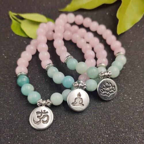 Om Buddha Lotus bracelet for women Rose Quartzs Pink Beaded wrist Yoga Buddha amazonite bracelet pink stone bracelet