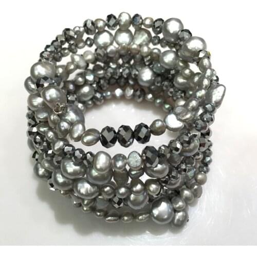 Grey natural fresh water pearl and crystal bracelet multi layers trendy fashion women jewelry free shipping