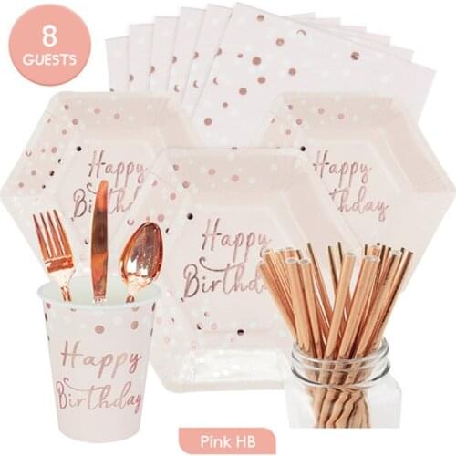 Happy Birthday Bronzing Rose Gold Foil Tablewares Paper Cup Disposable Set Birthday Party Decoration Kid Adult