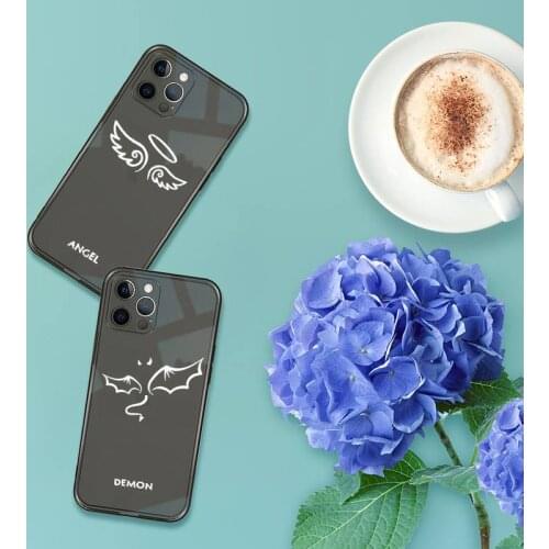 Demon Angel Couple BFF Cartoon Phone Case For iPhone 12 11 8 7 se 2020 pro X XS XR MAX Plus Black Transparent Cover