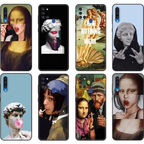 Black tpu Case For Samsung Galaxy A50 50S A30S A10 A11 A21S A31 A41 A51 A71 M21 M30S S10 LITE Cover Mona Lisa Art David lines