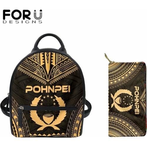FORUDESIGNS 2Pcs Leather Women Shoulder Backpack with Wallet Pohnpei Polynesian Tribal Gradient Travel Backpack mochila mujer