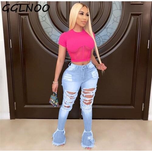 GGLNOO Fashion High Waist Retro Hole Jeans Ripped Flare Trousers Street Denim Pants GG22816