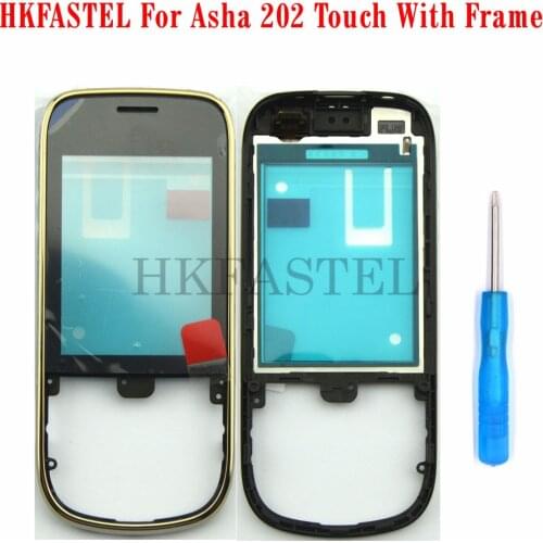 HKFASTEL original Touch With Frame Cover For Nokia Asha 202 Housing + Touch Screen Digitizer Sensor Front Glass Lens panel