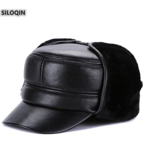 SILOQIN Quality Sheepskin Genuine Leather Hat Winter Ear Protection Thermal Military Hats Thicken Velvet Flat Caps New Dads Cap