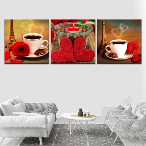Red rose coffee love city view modern Modular 3 panel wall Poster Nordic Canvas painting for Living Room Home Decor