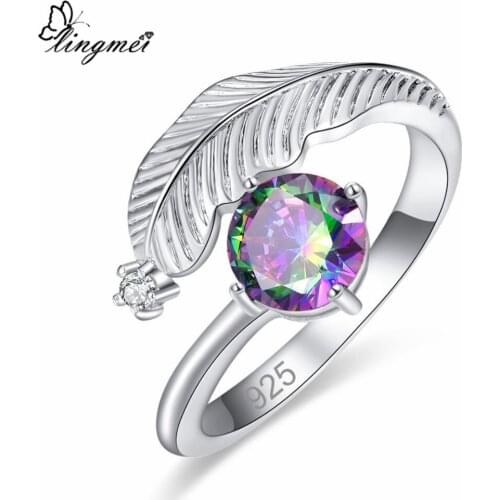 Lingmei New Feather Design Gorgeous Round Multi & Black CZ Silver Color Ring Size 6-9 Unisex Popular Fashion Party Jewelry