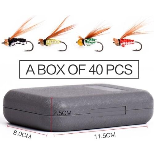40pcs Fly Fishing Lure Kit Dry Fly Flies Baits Hooks Feather Wing for Trout Bass Fishing Artificial Bait Lure with Box