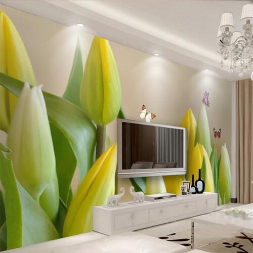 Custom 3D Mural Wallpaper Living Room Bedroom Sofa TV Background Wall Painting HD Tulip Butterfly Photo Wall Paper Roll Tapety