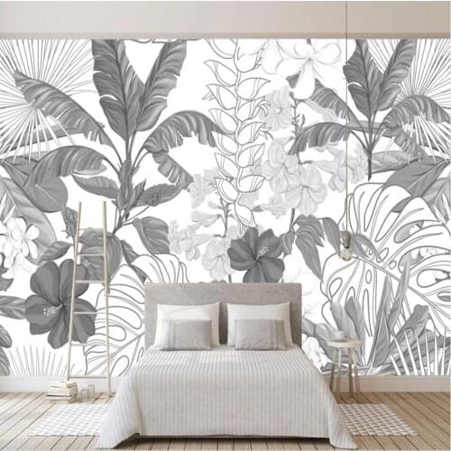 Custom Any Size Mural Wallpaper Modern Black And White Tropical Rainforest Banana Leaf Wall Painting Papel De Parede Sala Decor