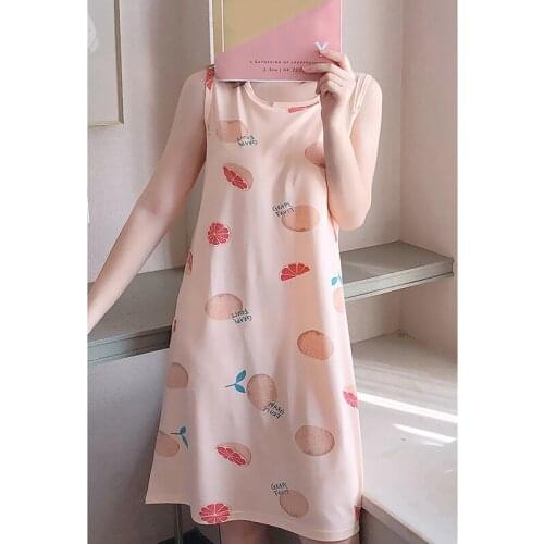 Nightdress With Chest Pad 2020 Summer Thin Cute Cartoon Print Nightdresses Female O Neck Sleepwear Home Wear