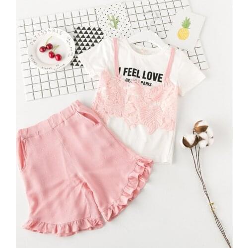 New Girls Clothing Suit Short Sleeve T Shirt + Short Pants 2 Pcs Sets Pink Sweet Letter Lace Kids Autumn Suits
