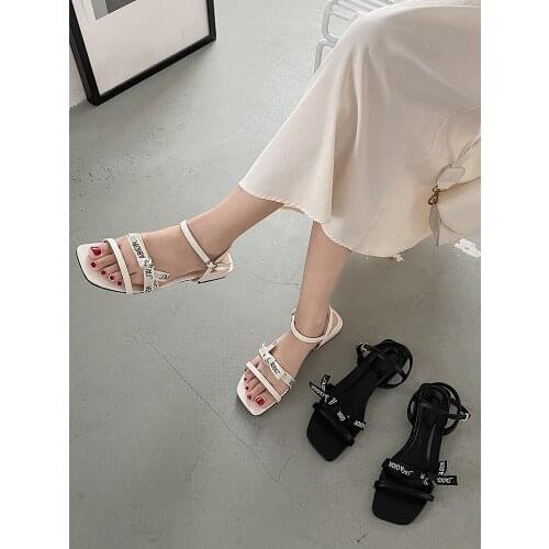 One Word Buckle Ladies Sandals Summer New Fashion All-Match Temperament Square Toe Low-Heel Roman Sandals