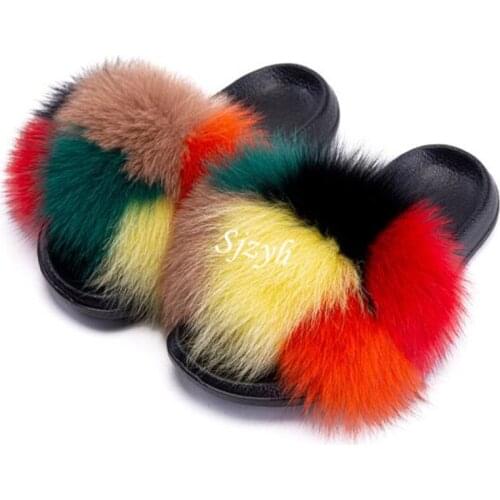 Wholesale Summer Girls Furry Slides Cute Luxury Fluffy Fur Slippers Ladies Fox Fur Flip Flops Womens Plush Sandals Home Shoes