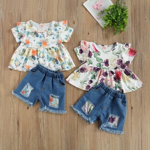 2-7Y Summer Girls Clothes Sets Flower Print Flying Sleeve Tops and Denim Shorts 2pcs Suit for Vacation Birthday Party